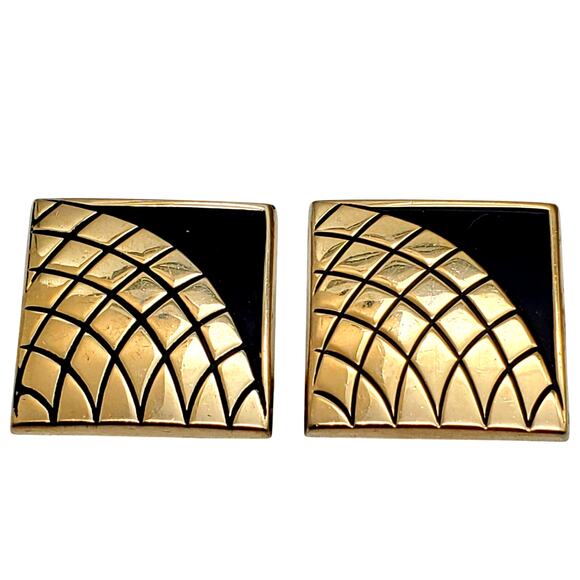 Swank Cufflinks Gold Black Enamel Geometric Vintage Square Mens Jewelry - Picture 1 of 5
